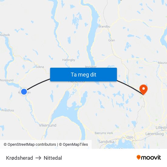 Krødsherad to Nittedal map