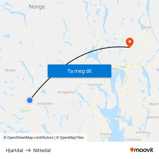 Hjartdal to Nittedal map