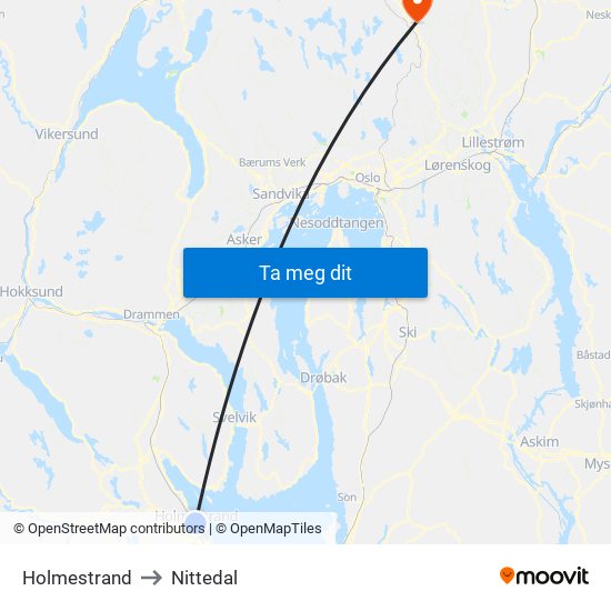 Holmestrand to Nittedal map