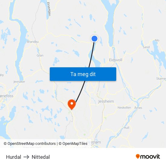 Hurdal to Nittedal map