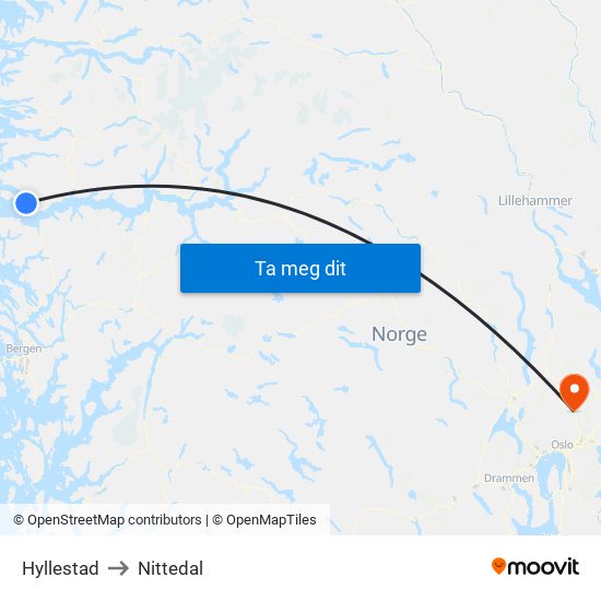 Hyllestad to Nittedal map