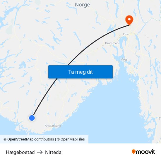 Hægebostad to Nittedal map