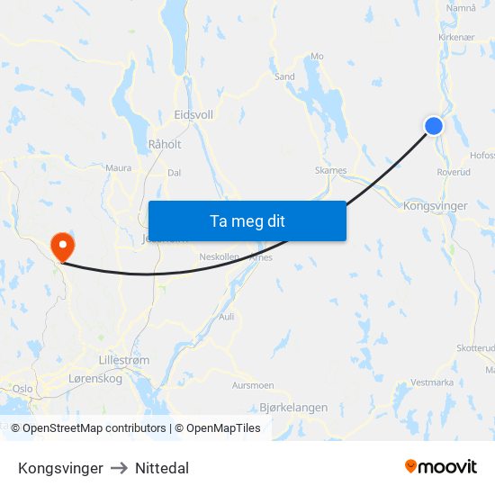 Kongsvinger to Nittedal map