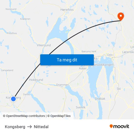 Kongsberg to Nittedal map