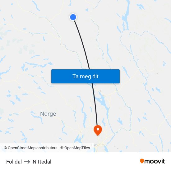 Folldal to Nittedal map