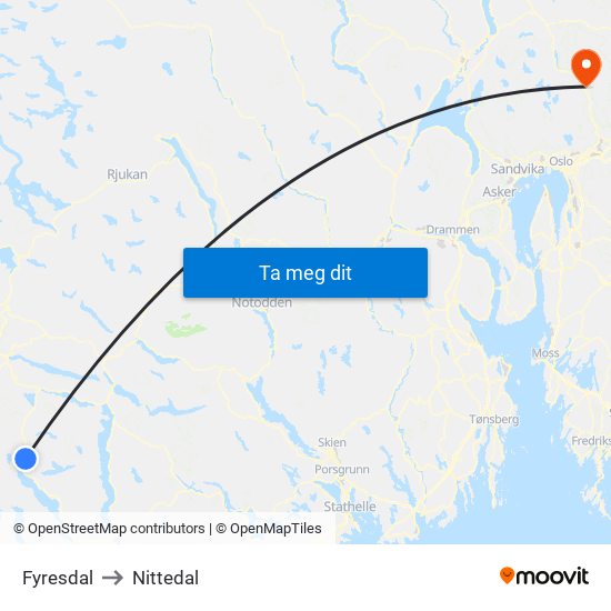 Fyresdal to Nittedal map