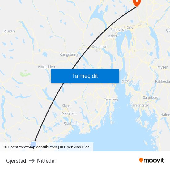 Gjerstad to Nittedal map