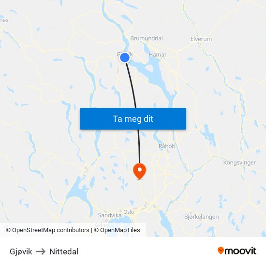 Gjøvik to Nittedal map