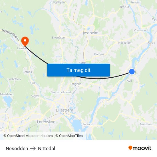 Nesodden to Nittedal map