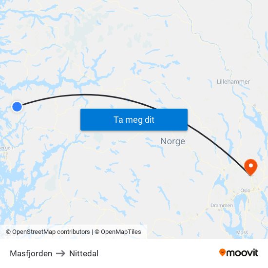 Masfjorden to Nittedal map