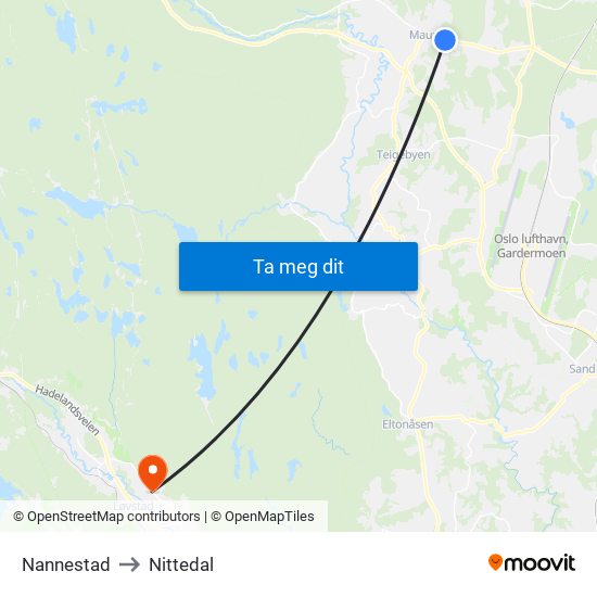Nannestad to Nittedal map