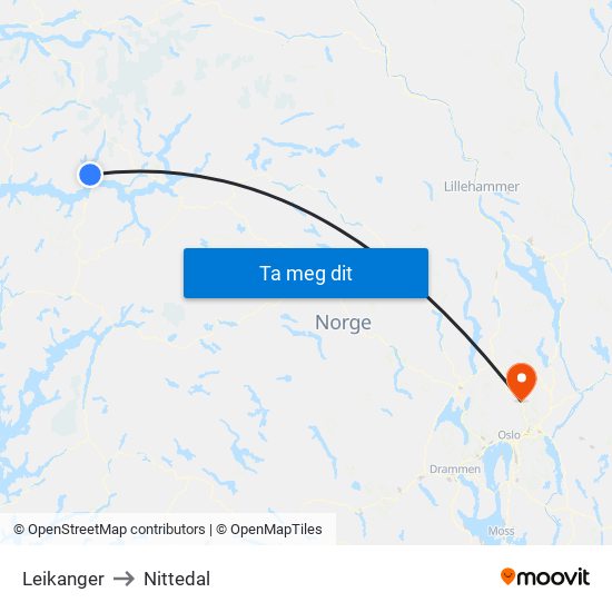 Leikanger to Nittedal map