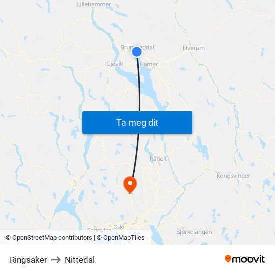 Ringsaker to Nittedal map