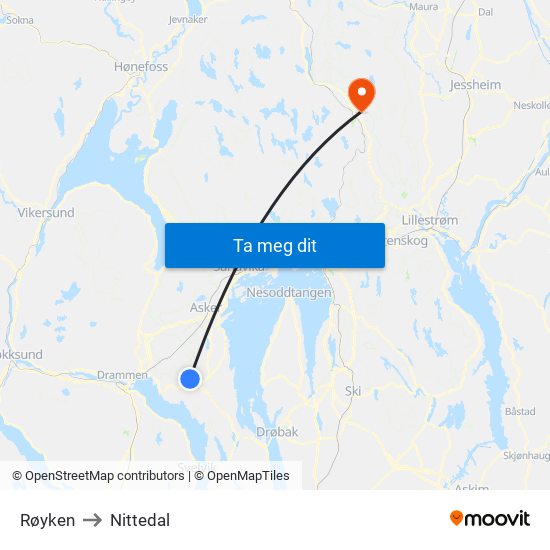 Røyken to Nittedal map