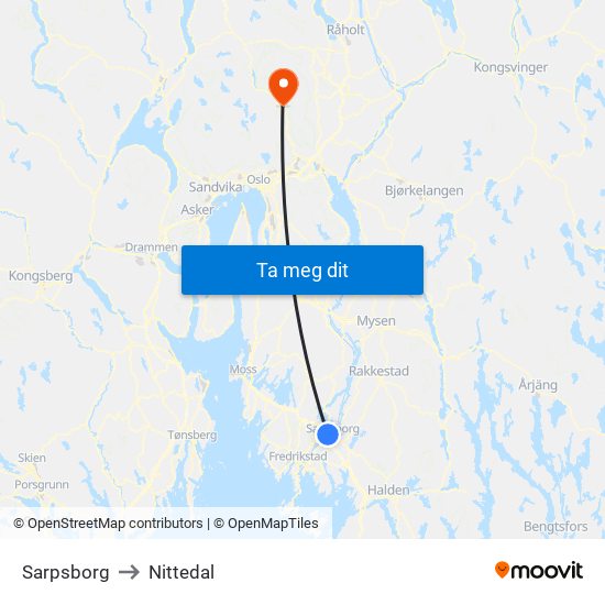 Sarpsborg to Nittedal map