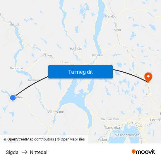 Sigdal to Nittedal map