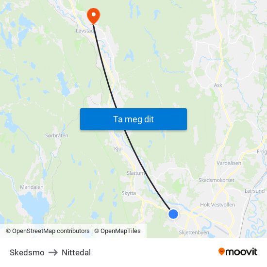 Skedsmo to Nittedal map