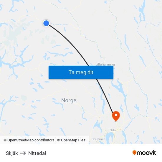 Skjåk to Nittedal map