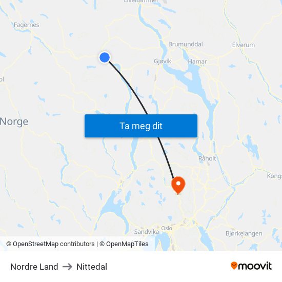 Nordre Land to Nittedal map