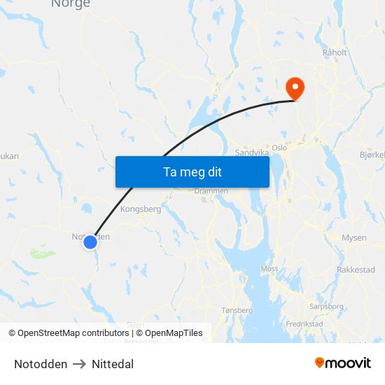 Notodden to Nittedal map