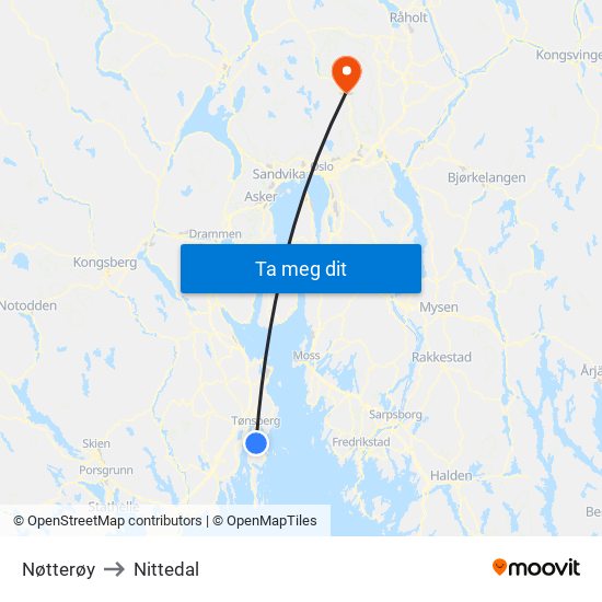 Nøtterøy to Nittedal map