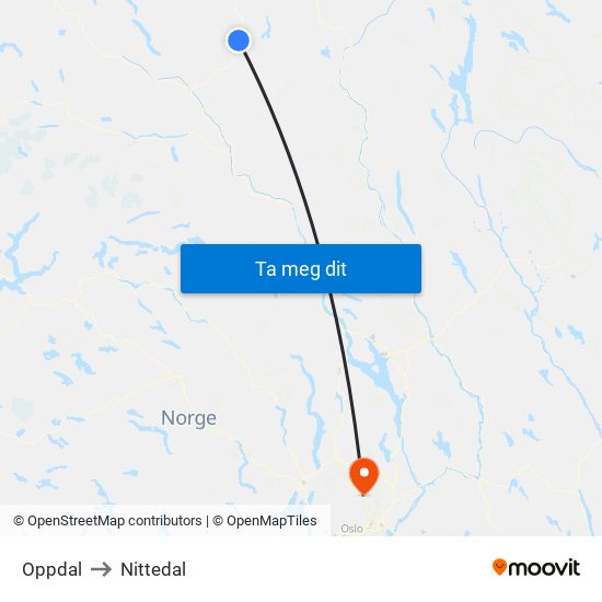 Oppdal to Nittedal map