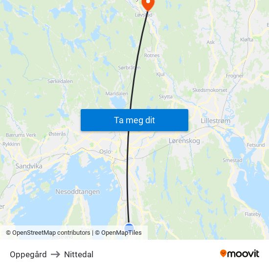 Oppegård to Nittedal map