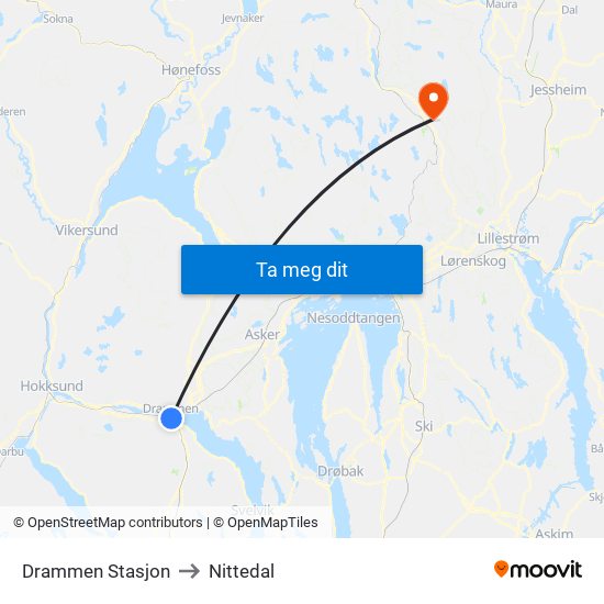 Drammen Stasjon to Nittedal map