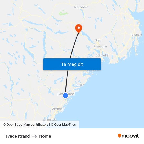 Tvedestrand to Nome map