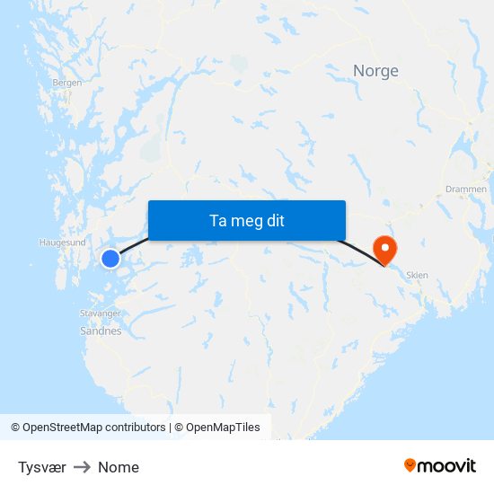 Tysvær to Nome map