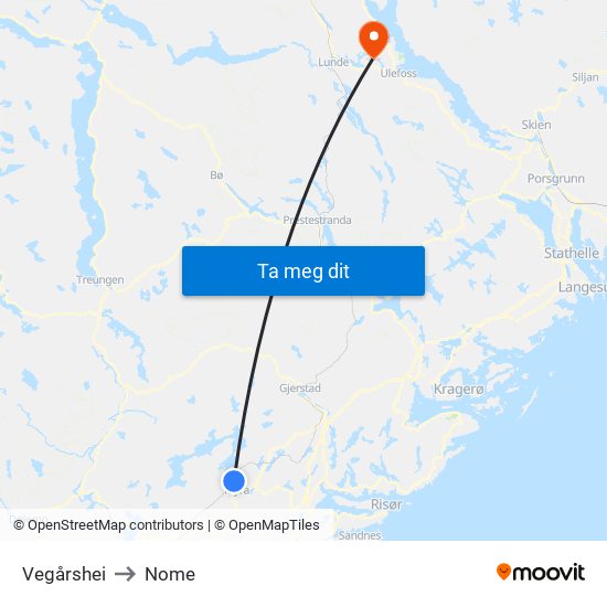 Vegårshei to Nome map