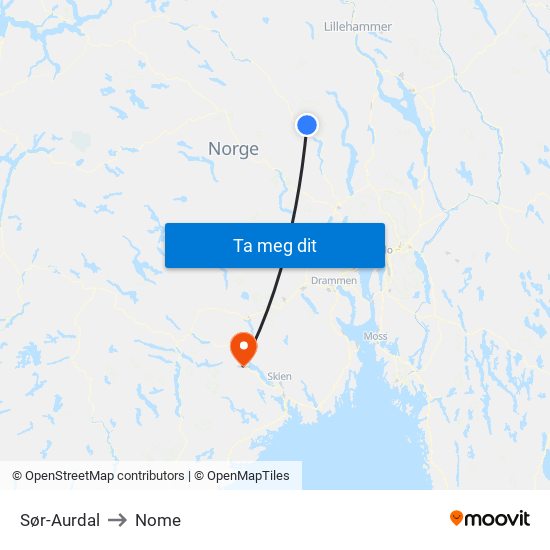 Sør-Aurdal to Nome map