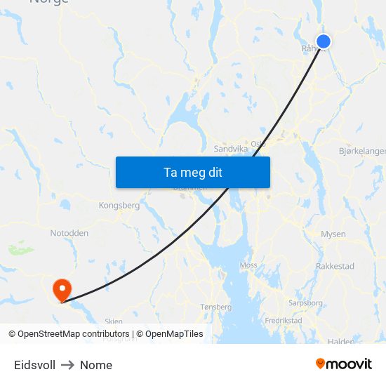 Eidsvoll to Nome map