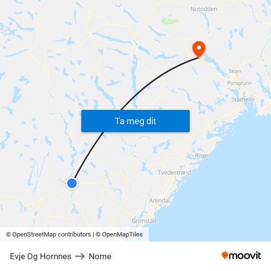 Evje Og Hornnes to Nome map