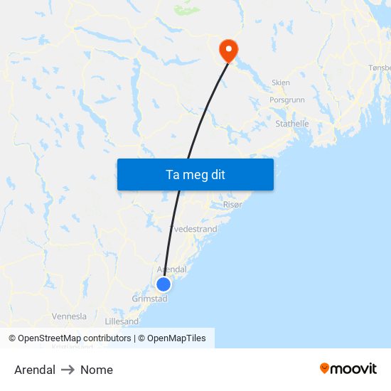 Arendal to Nome map