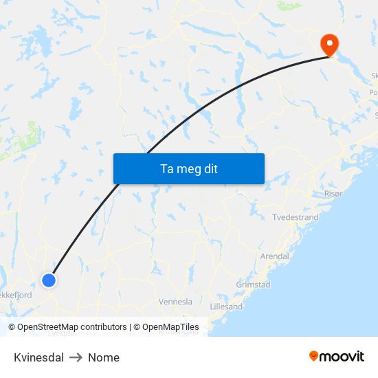 Kvinesdal to Nome map