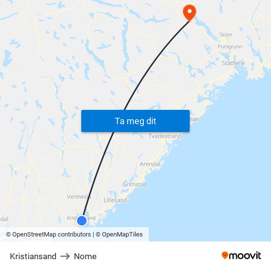 Kristiansand to Nome map