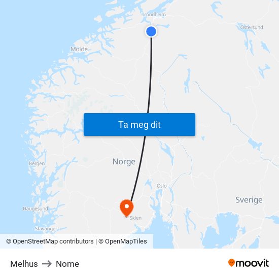 Melhus to Nome map