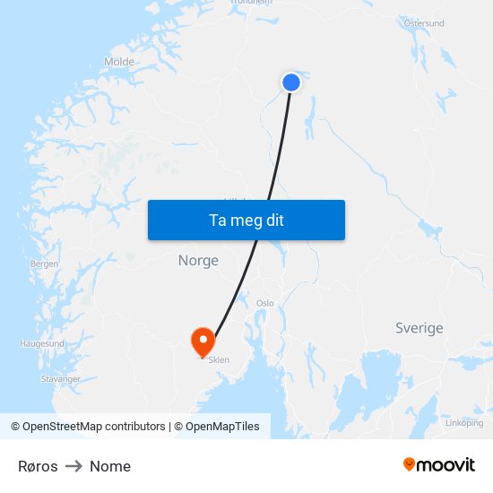 Røros to Nome map