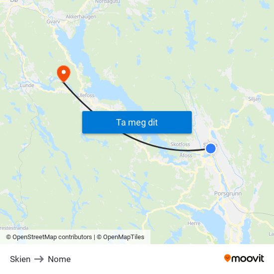 Skien to Nome map