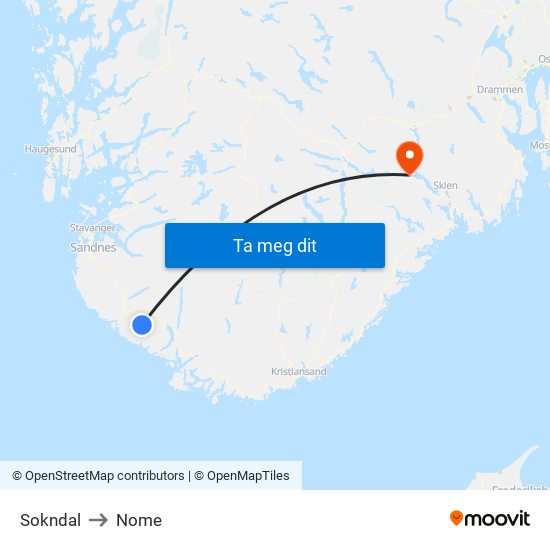 Sokndal to Nome map