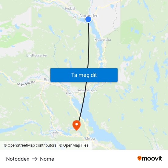 Notodden to Nome map