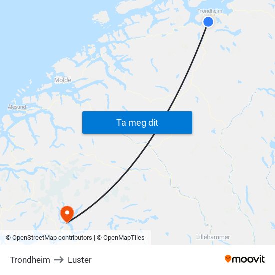 Trondheim to Luster map