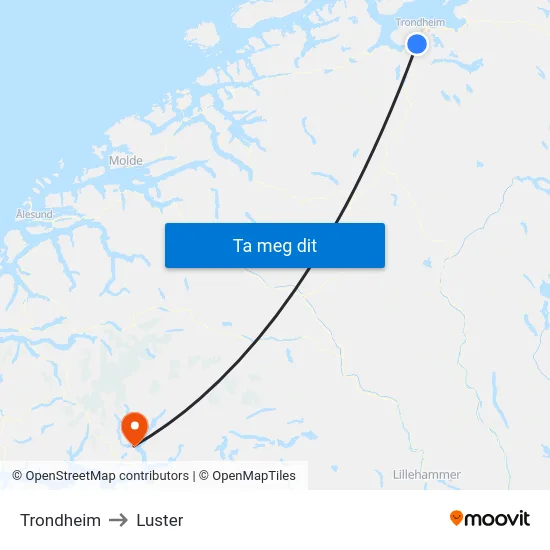 Trondheim to Luster map
