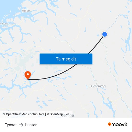 Tynset to Luster map