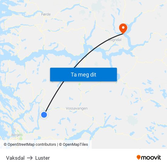 Vaksdal to Luster map