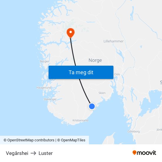 Vegårshei to Luster map