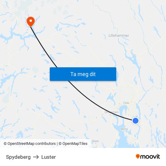 Spydeberg to Luster map