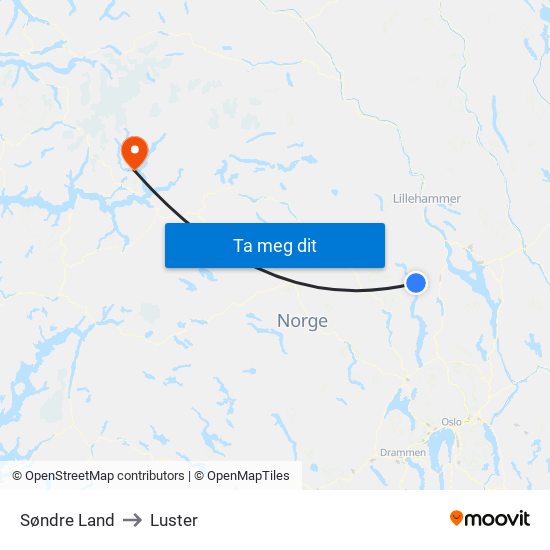 Søndre Land to Luster map