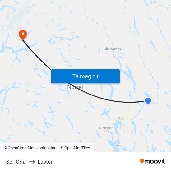 Sør-Odal to Luster map